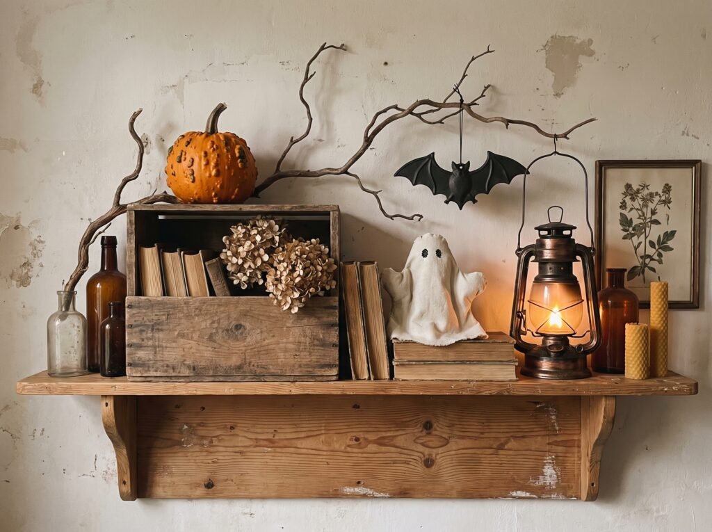diy vintage halloween shelf with spooky bat, fabric ghost, pumpkin and an old natural wood displayed in a spooktacular way.
