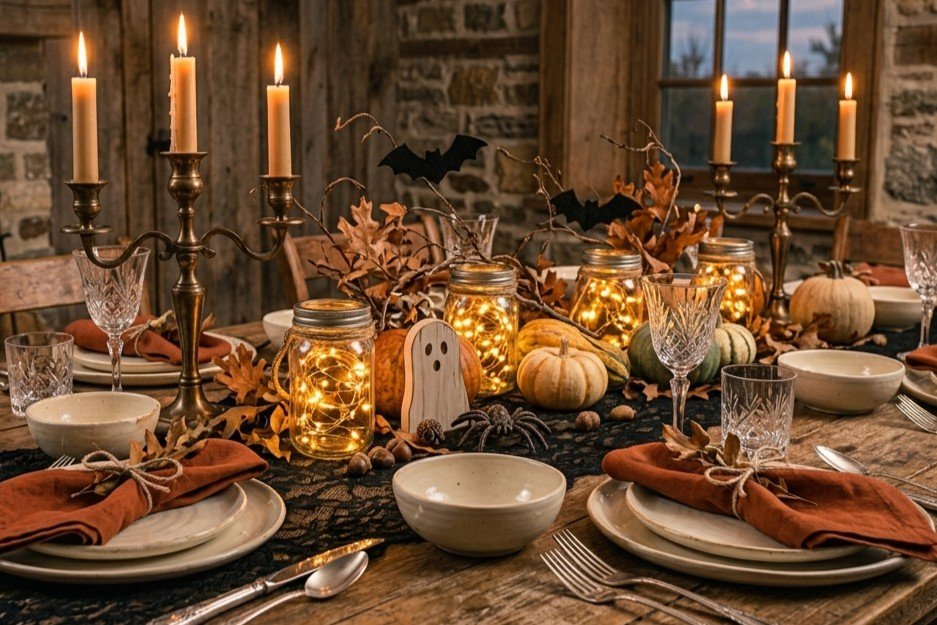 Elegant vintage Halloween dinner table using normal reusable dishes instead of disposable Halloween tableware. Cream ceramic plates, black lace table runner, cloth napkins, small natural pumpkins, dried autumn leaves, mason jar lanterns with warm LED lights, vintage glassware, wooden Halloween accents and a few subtle black bats. Cozy farmhouse dining room, warm candlelight, sophisticated autumn styling, understated Halloween atmosphere, sustainable entertaining concept, photorealistic luxury home magazine photography, rich realistic textures, no plastic plates, no disposable decorations,