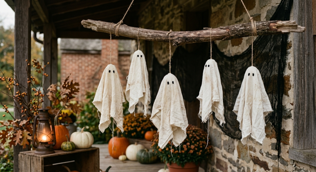 handmade vintage Halloween fabric ghosts created from old white cotton sheets, hanging at different heights from a rustic weathered tree branch on a farmhouse porch