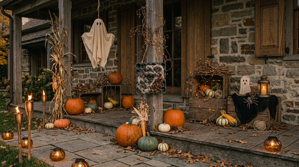 a complete sustainable vintage Halloween porch assembled from natural and reusable decorations. Real pumpkins and gourds, dried branches, rustic wooden crates, handmade white fabric ghost, black gauze, wooden ghost decoration, solar pumpkin pathway lights, warm string lights and subtle solar flame torches