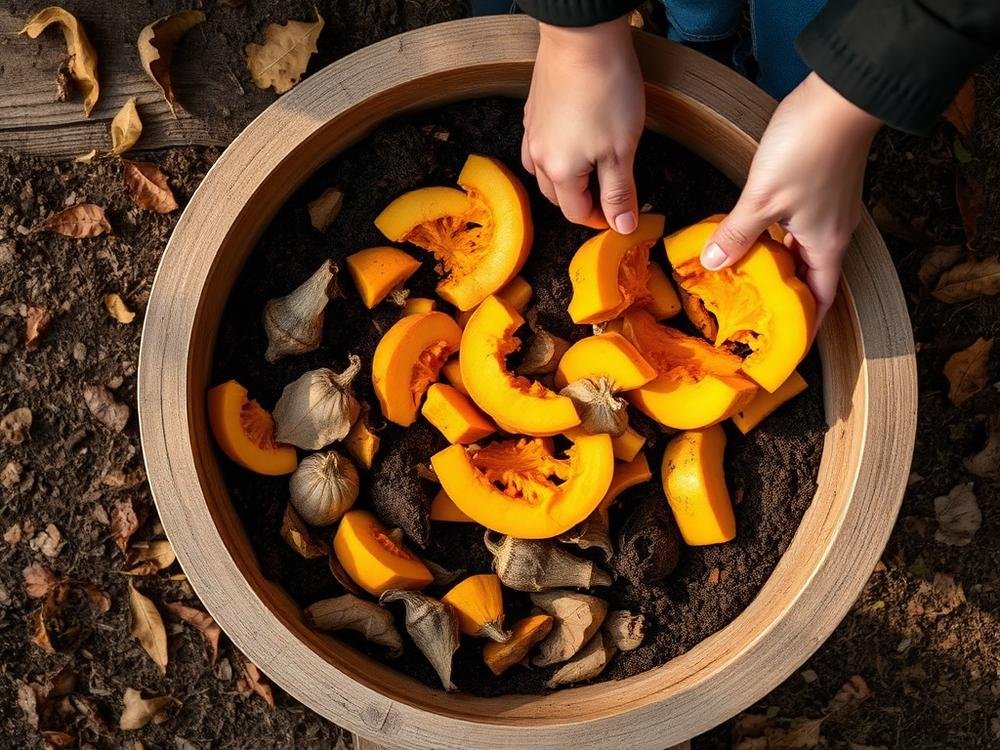 Overhead shot of pumpkin scraps being added to a wooden outdoor compost bin